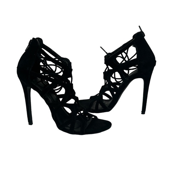 Charlotte Russe Black Suede Ankle Wrap Back Zipper Stiletto Heels Size 7 Women’s - Picture 1 of 8